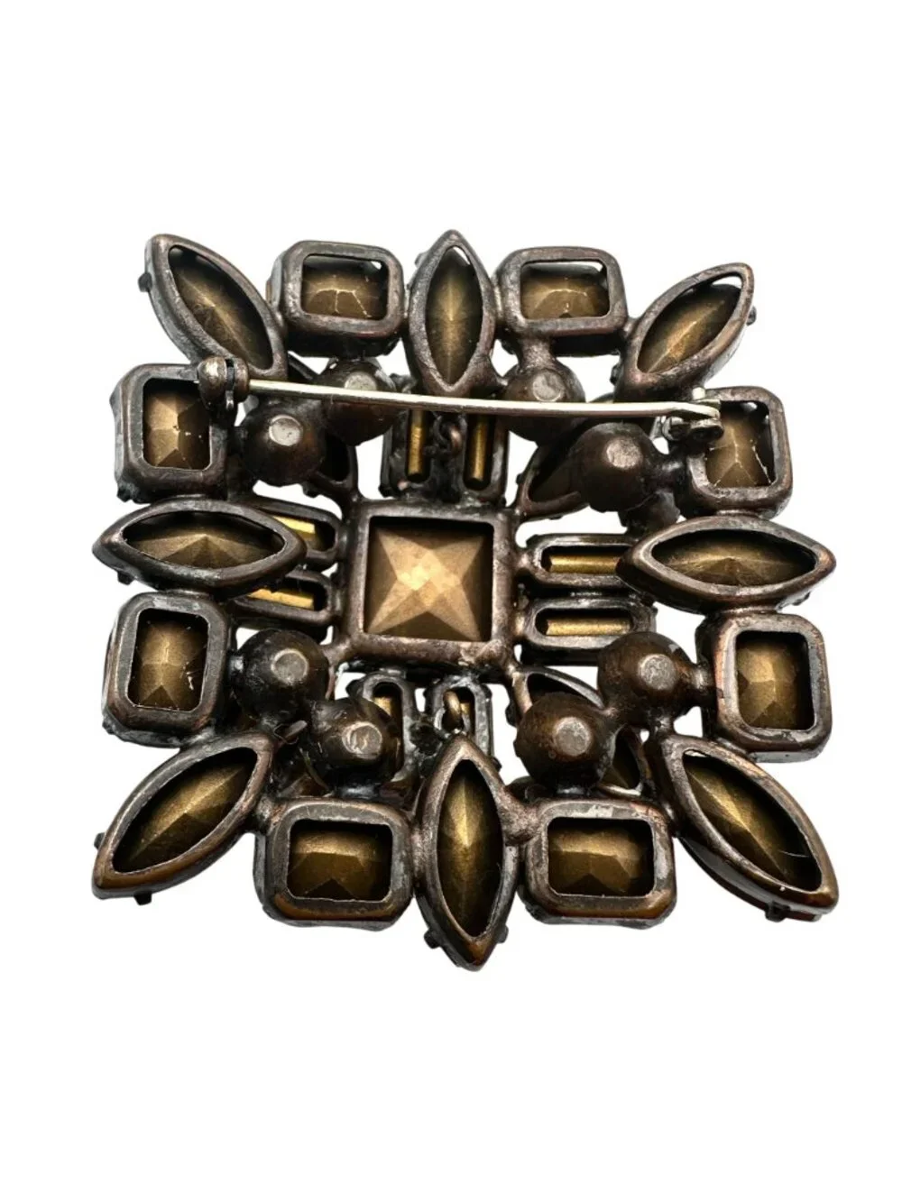 Vintage Unsigned Schreiner New York Brooch Pin Yellow Amber Glass Rhinestone
